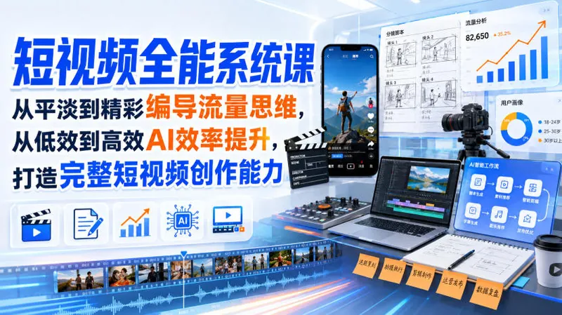 e138d006ddabb7b3b7321b85d3b9a8d0.jpeg 短视频全能系统课,从平淡到精彩编导流量思维,从低效到高效AI效率提升,打造完整短视频创作能力(2026年8月30更新233集)