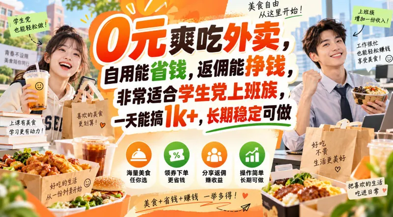 9bd3b70445da544542c24cbd842d7e97.jpeg 0元爽吃外卖,自用能省钱,返佣能挣钱,非常适合学生党上班族,一天能搞1k+,长期稳定可做
