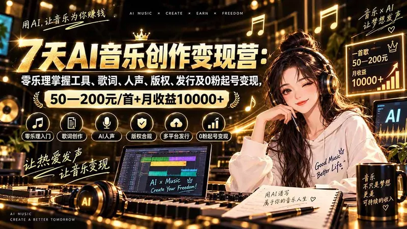 （20442期）AI音乐创作变现营：零乐理掌握工具、歌词、人声、版权、发行及0粉起号变现，50—200元/首+月收益10000+