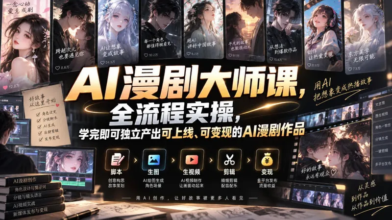 1a645860b3548bf9697771bf22fbaaee.jpeg AI漫剧大师课,全流程实操,学完即可独立产出可上线、可变现的AI漫剧作品