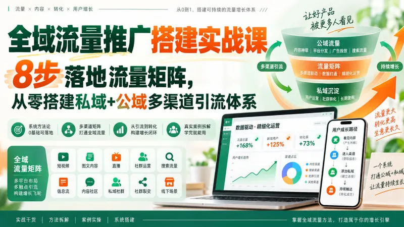 c748ca4ca1608d1a16f66fc08778f4ae.jpeg 全域流量推广搭建实战课,8步落地流量矩阵,从零搭建私域+公域多渠道引流体系