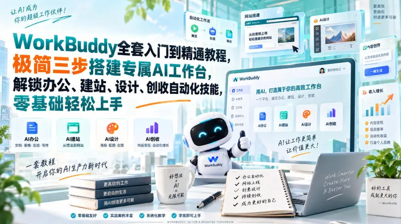 2fd335530bc5096da30580468cc6fbfb.jpeg WorkBuddy全套入门到精通教程,极简三步搭建专属AI工作台,解锁办公、建站、设计、创收自动化技能,零基础轻松上手