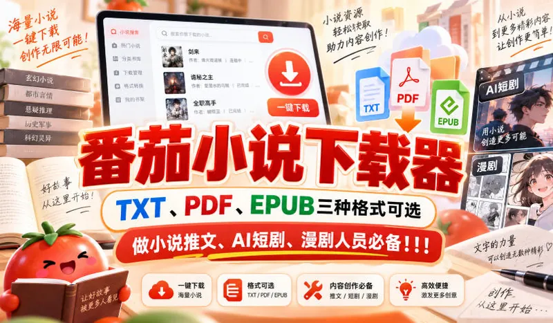 8ad9b14c14c7a9a4e415e13880ec37df.jpeg 番茄小说下载器,TXT、PDF、EPUB三种格式可选,做小说推文、AI短剧、漫剧人员必备!!!