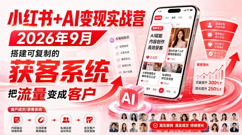 ee09b1a7c1f7d3e617eff520c00a3261.jpeg 小红书+AI变现实战营2026年9月,搭建可复制的获客系统,把流量变成客户!