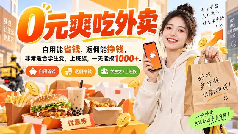 （20309期）0元爽吃外卖，自用能省钱，返佣能挣钱，非常适合学生党，上班族，一天能搞1000+