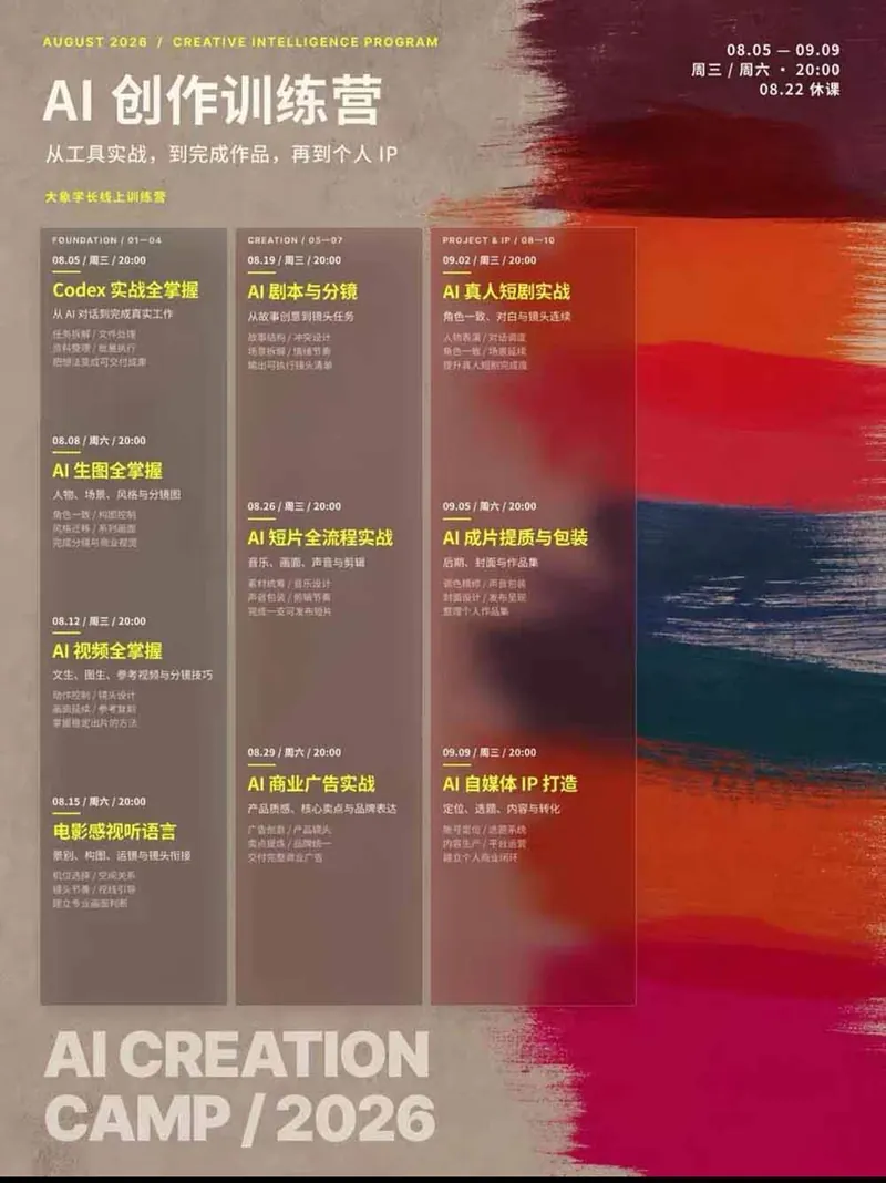 6efa9df115186239701cbea7733bc119.jpeg (20348期)AI+创作训练营26年第5期-更新:从Codex、AI生图视频到剧本分镜与电影感短片,跑通个人IP商业闭环