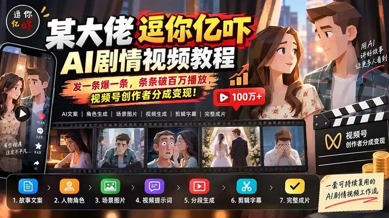 （20388期）某大佬逗你亿吓AI低模剧情视频制作教程：发一条爆一条，条条破百万播放，利用视频号创作者分成变现!