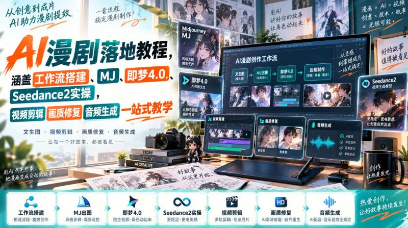 4f26b0f978214ea367ae8072b299dd3f.jpeg AI漫剧落地教程,涵盖工作流搭建、MJ、即梦4.0、Seedance2实操,视频剪辑画质修复音频生成一站式教学