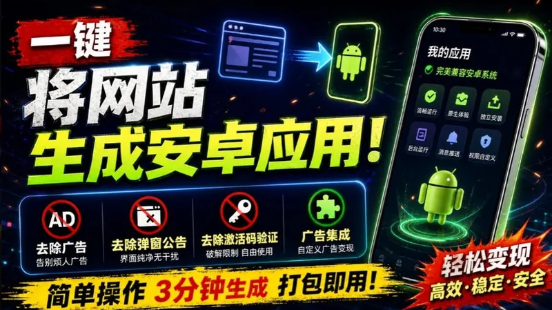 a526825db01e23e35b0263e0775146d8.jpeg 目前最好用,一键将网站生成安卓应用!支持去除广告、弹窗公告、激活码验证、广告集成等web-to-app
