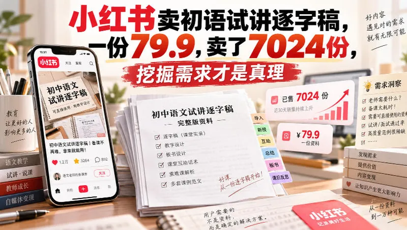 083846b7b12e3f7e2addb655be37fdb2.jpeg 小红书卖初语试讲逐字稿,一份79.9,卖了7024份,挖掘需求才是真理