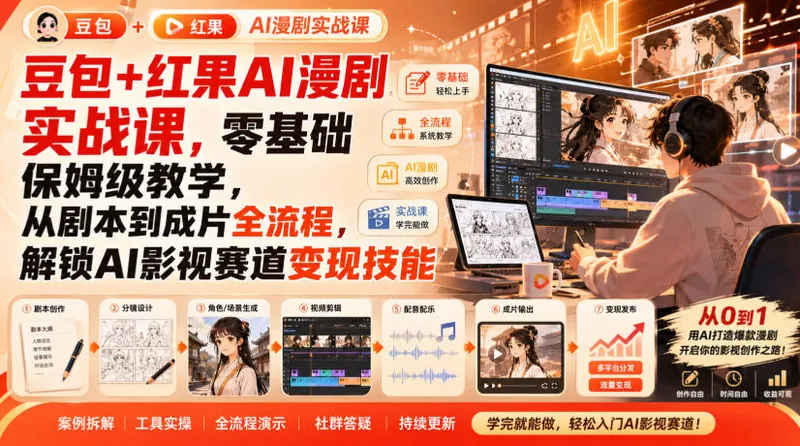 a4bae95babcde29351ee00a1e05b2a9b.jpeg 豆包+红果AI漫剧实战课,零基础保姆级教学,从剧本到成片全流程,解锁AI影视赛道变现技能