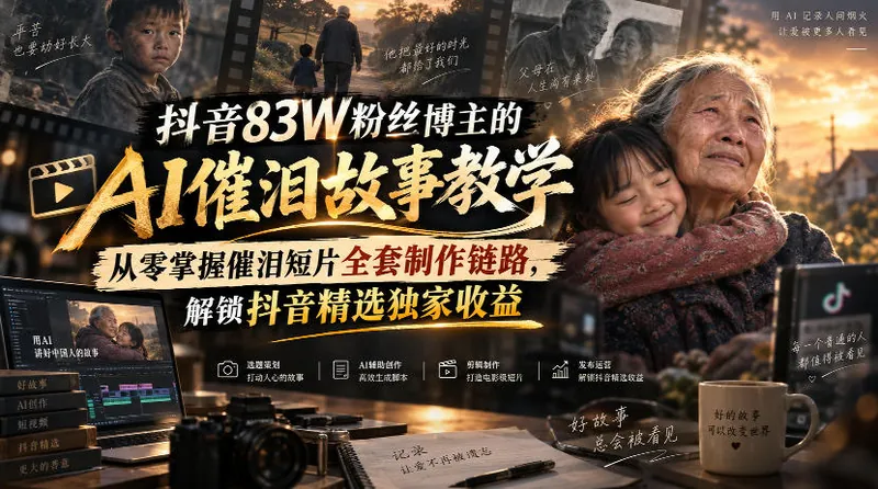 抖音83W粉丝博主的AI催泪故事教学，从零掌握催泪短片全套制作链路，解锁抖音精选独家收益