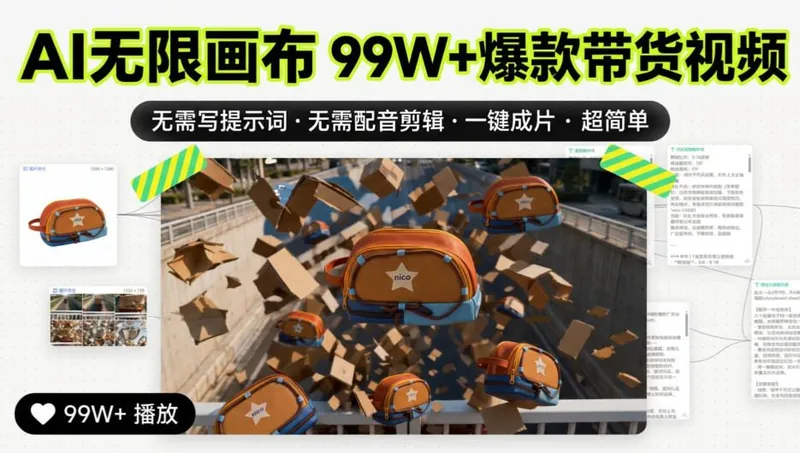 c97affbdc2f75e43bf480233d3157582.jpeg AI无限画布99W+爆款带货视频,无需写提示词·无需配音剪辑·一键成片·超简单