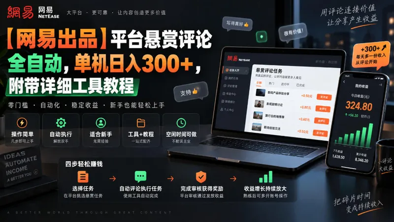 5c30920720f3b715049bce4fe3248e98.jpeg 【网易出品】平台悬赏评论全自动,单机日入300+,附带详细工具教程【揭秘】