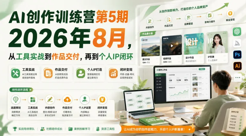 2b2af77af837c9f5654f797e169be3e8.jpeg AI创作训练营第5期2026年8月,从工具实战到作品交付,再到个人IP闭环(更新0904)