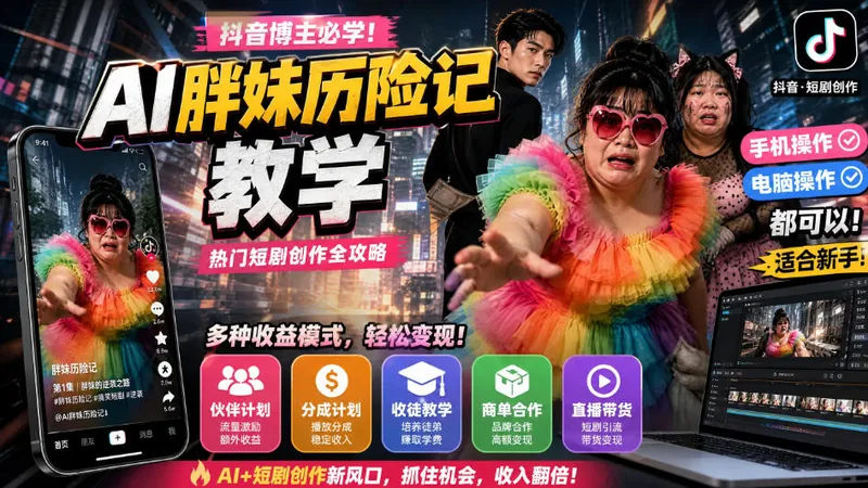 d7ce5f64ab6cc4034dd4fb643cf186cf.jpeg 抖音博主的AI胖妹历险记教学,伙伴计划+分成计划+收徒+商单等多种收益,适合新手,手机电脑都可以操作
