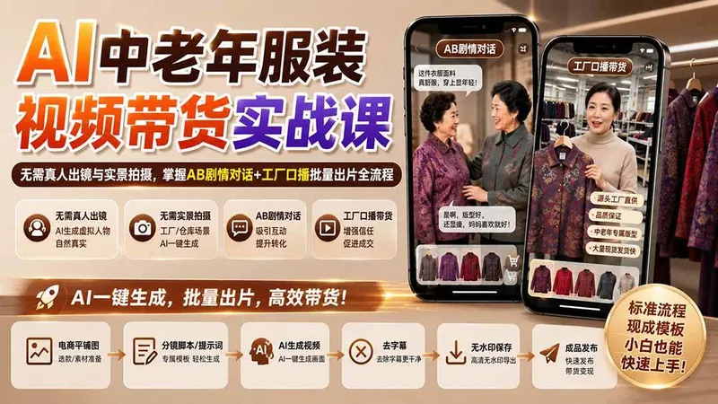 da52e224d24244cf66d40a24001b49b0.jpeg (20198期)AI中老年服装视频带货实战课:无需真人出镜与实景拍摄,掌握AB剧情对话+工厂口播批量出片全流程