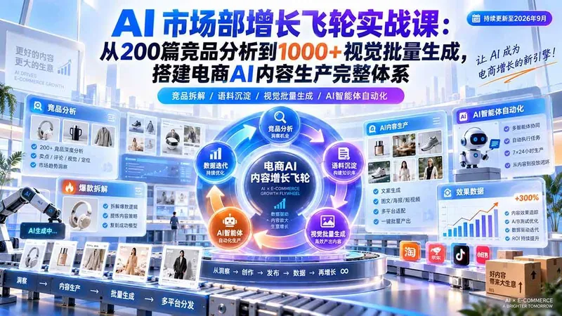 （20436期）AI 市场部增长飞轮实战课：从200篇竞品分析到1000+视觉批量生成，搭建电商AI内容生产完整体系