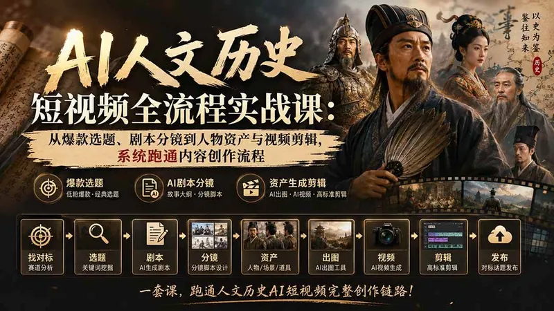 （20476期）AI人文历史短视频全流程实战课-更新：从爆款选题、剧本分镜到人物资产与视频剪辑，系统跑通内容创作流程