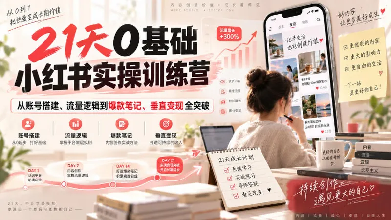 734819ebffc4f3914e5c9b03721d1175.jpeg 21天0基础小红书实操训练营|从账号搭建、流量逻辑到爆款笔记、垂直变现全突破