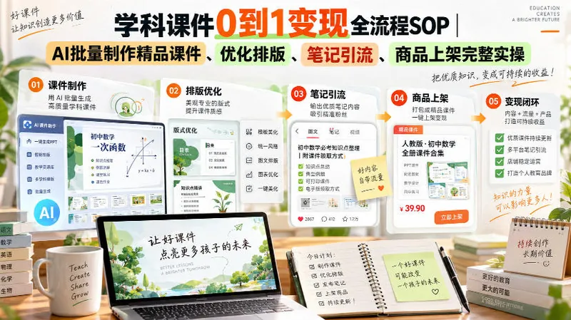 学科课件0到1变现全流程SOP｜AI批量制作精品课件、优化排版、笔记引流、商品上架完整实操