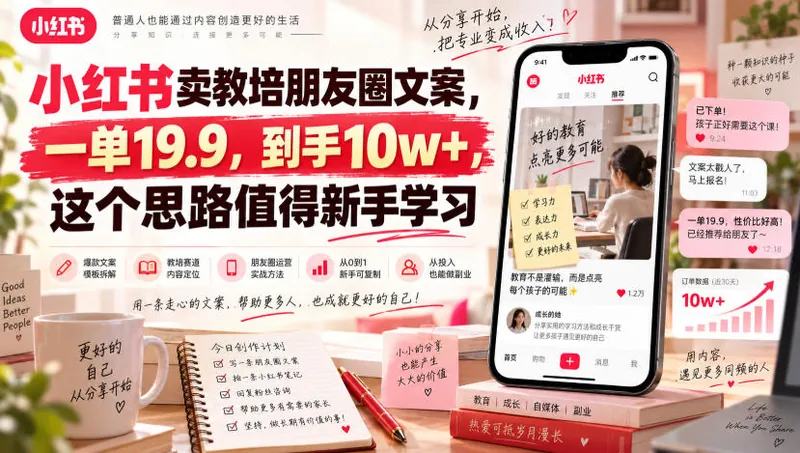小红书卖教培朋友圈文案，一单19.9，到手10w+，这个思路值得新手学习