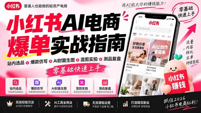 2d9f88d81d1291de6452c758c02f9c31.jpeg (20516期)2026小红书AI电商爆单实战指南:站内选品+爆款仿写+AI封面生图+混剪实拍+测品复盘,零基础快速上手