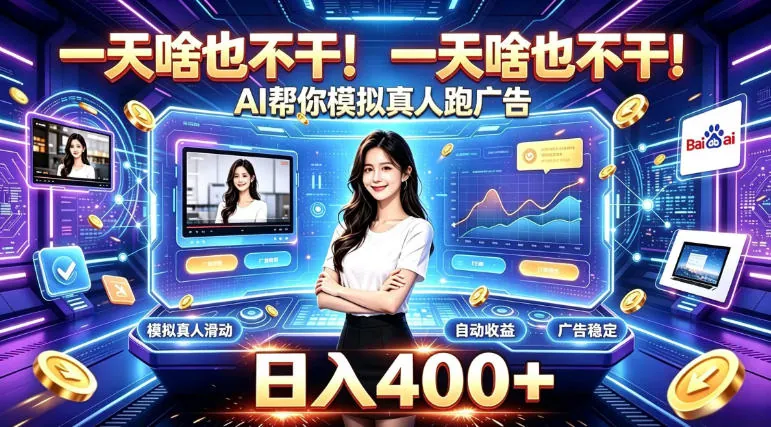 一天啥也不干！AI帮你模拟真人跑广告，稳定日入400+，实现真正被动变现【揭秘】