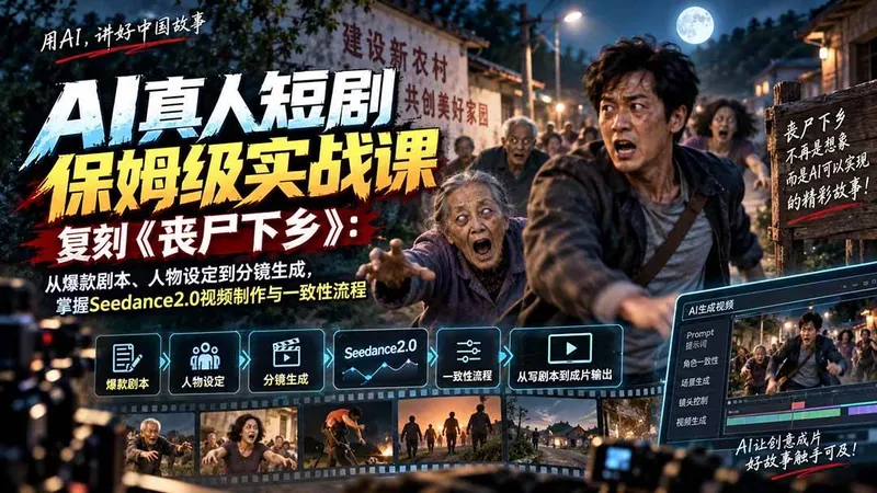 d12f710c5a34311b8ce9709ffd7d581a.jpeg (20360期)AI真人短剧保姆级实战课,复刻《丧尸下乡》:从爆款剧本、人物设定到分镜生成,掌握Seedance2.0视频制作与一致性流程