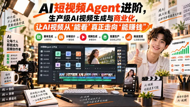 aa50ad387d533be03ed049a63a6b4372.jpeg AI短视频Agent进阶,生产级AI视频生成与商业化,让AI视频从”能看”真正走向”能賺钱”