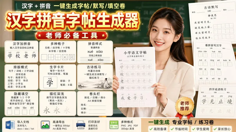 6480a3ca3471dedff6905056f786dfa9.jpeg 学习神器,汉字拼音字帖生成器,汉字+拼音 一键生成字帖/默写/填空卷,支持词组、成语,老师、家长必备