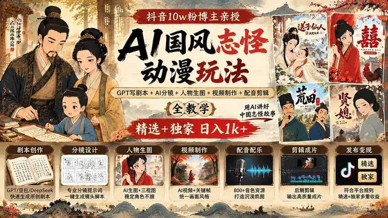 4af67d0a4c7fa5eb6b13b0f925fc5b00.jpeg (20538期)抖音10w粉博主亲授AI国风志怪动漫玩法|GPT写剧本+AI分镜+人物生图+视频制作+配音剪辑全教学|精选+独家日入1k+