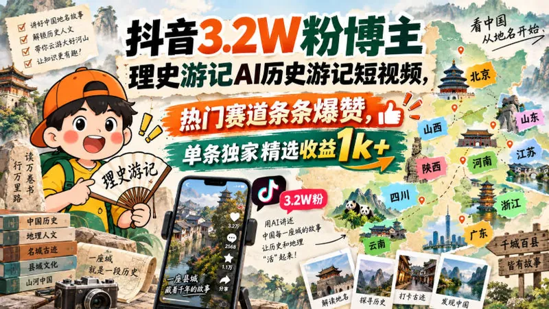 61a0f1c79c483d899233ca81f88da62b.jpeg 抖音3.2W粉博主理史游记AI历史游记短视频教学,热门赛道条条爆赞,单条独家精选收益1k+
