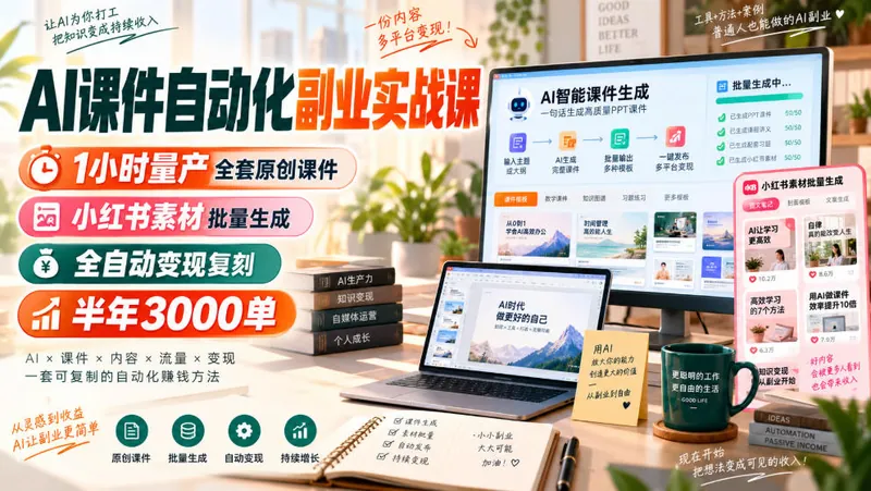 1bbbd0b9d4a8f047124f310ef3006ebc.jpeg AI课件自动化副业实战课,1小时量产全套原创课件,小红书素材批量生成,全自动变现复刻,半年3000单