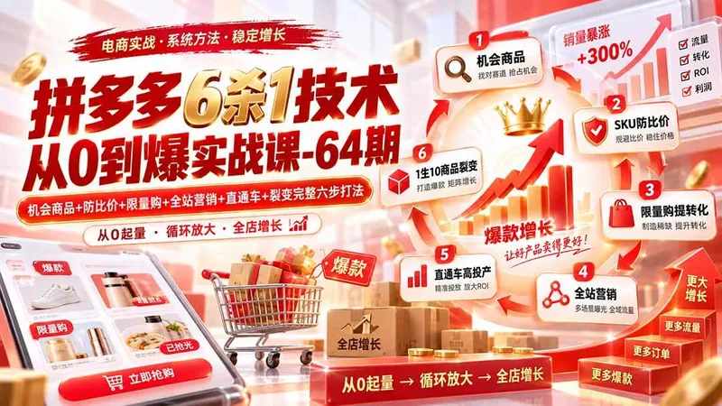 e90f61104964d71a2280b22630249ad5.jpeg (20315期)拼多多6杀1技术从0到爆实战课-64期:机会商品+防比价+限量购+全站营销+直通车+裂变完整六步打法