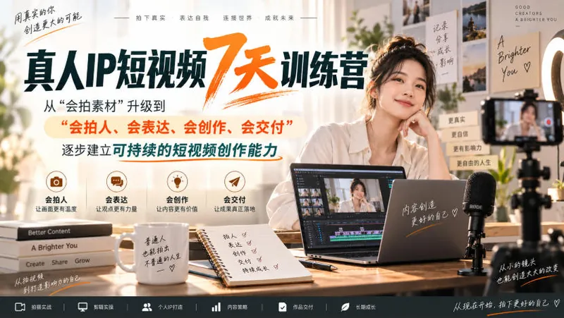 d42a1d845299a5cf0348bb61f6a5c2b4.jpeg 真人IP短视频7天训练营,从“会拍素材”升级到“会拍人、会表达、会创作、会交付”,逐步建立可持续的短视频创作能力