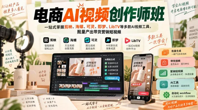 92540c096b22f09f879002c8d09f42d7.jpeg 电商AI视频创作师班,一站式掌握剪映、海螺、可灵、即梦、LibTV等多款AI视频工具,批量产出带货营销短视频