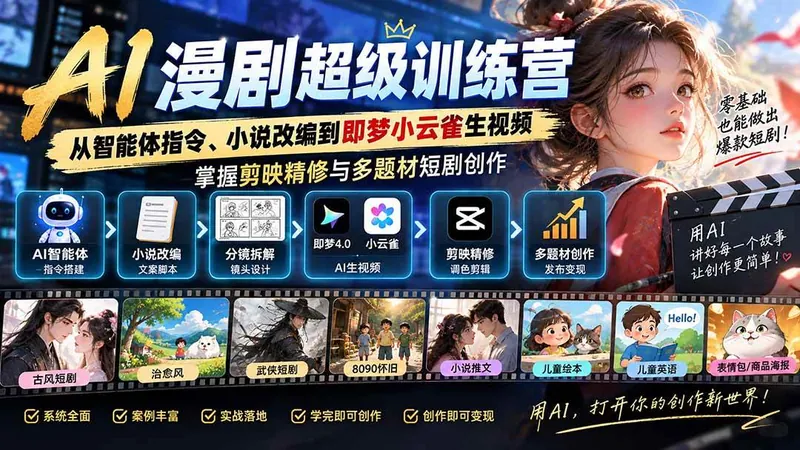 （20491期）AI漫剧超级特训营：从智能体指令、小说改编到即梦小云雀生视频，掌握剪映精修与多题材短剧创作