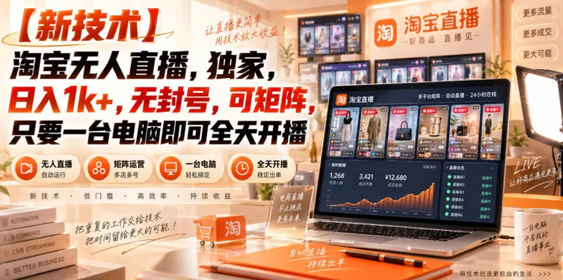 d1898949d6f8e2a3a3bf0177eccbdb19.jpeg 【独家新技术】淘宝无人直播,日入1k+,无封号,可矩阵,只要一台电脑即可全天开播【揭秘】