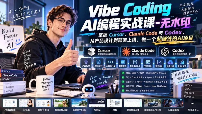 a2e4454cb338c04ab4c5d7a5ec7e12df.jpeg (20431期)Vibe Coding AI编程实战课-无水印:掌握Cursor、Claude Code与Codex,从产品设计到部署上线,做一个超赚钱的AI项目