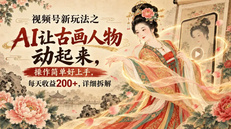 视频号新玩法之AI让古画人物动起来，操作简单好上手，每天收益200+，详细拆解