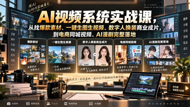 AI视频系统实战课，从找爆款素材、一键生图生视频、数字人换装商业成片，到电商同城视频、AI漫剧完整落地