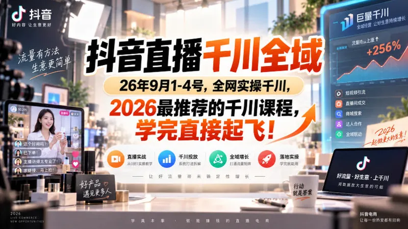 bdbbda98c5742d96fd8f05290fb0e177.jpeg 抖音直播千川全域26年9月1-4号,全网实操千川,2026最推荐的千川课程,学完直接起飞!