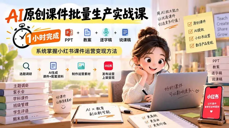1683eb2fdf030255884c1ebfab8c6db7.jpeg (20351期)AI原创课件批量生产实战课:1小时完成PPT+教案+逐字稿+说课稿,系统掌握小红书课件运营变现方法