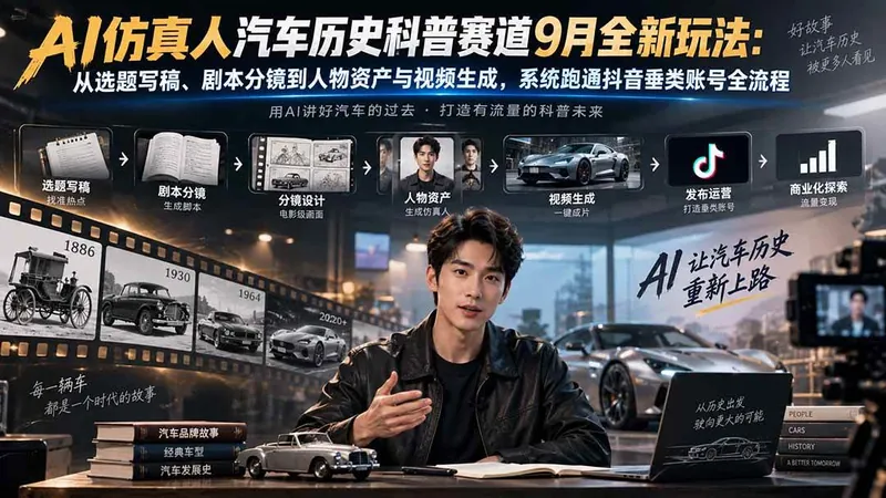 5eb2f85dadcd0b01caddde0fe1c0d772.jpeg (20413期)AI仿真人汽车历史科普赛道9月全新玩法:从选题写稿、剧本分镜到人物资产与视频生成,系统跑通抖音垂类账号全流程