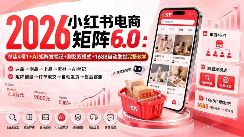 f3ec2e41aa4d5eeb0fe2436e8fe3195a.jpeg (20310期)2026小红书电商矩阵6.0:单店4带1+AI矩阵发笔记+测怼双模式+1688自动发货完整教学