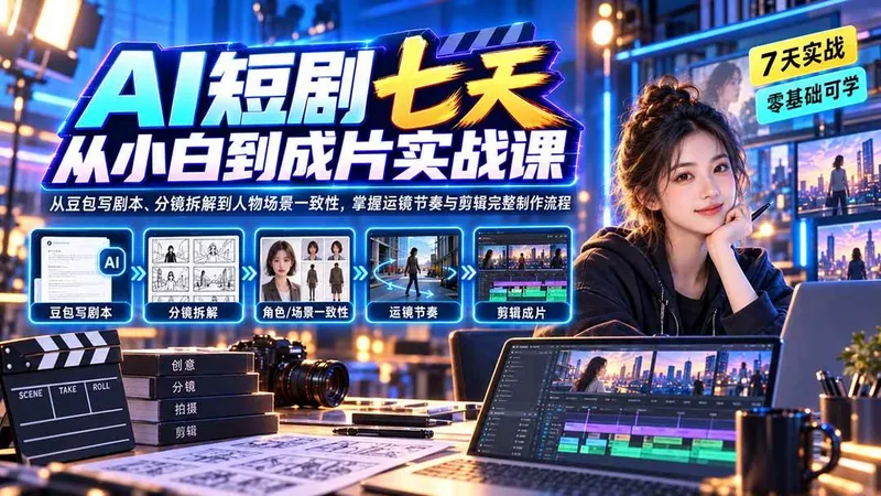 7e98c8d62b2b375d513df9e6fd9c6745.jpeg (20329期)AI短剧七天从小白到成片实战课:从豆包写剧本、分镜拆解到人物场景一致性,掌握运镜节奏与剪辑完整制作流程