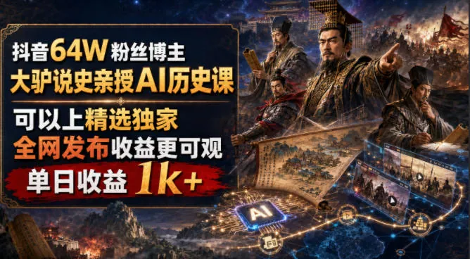 28e6048c2b169e8bbf6051892cb0145b.jpeg 抖音64W粉丝博主大驴说史亲授AI历史课,可以上精选独家,全网发布收益更可观,单日收益1k+(更新)