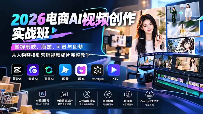 88e68857fe2c000790c344b63d73b351.jpeg (20466期)2026电商AI视频创作实战班:掌握剪映、海螺、可灵与即梦,从人物替换到营销视频成片完整教学