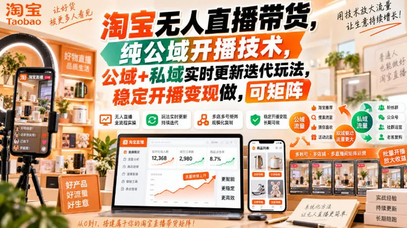 9a69a87f6b4204f91e0104f0bf553dd5.jpeg 淘宝无人直播带货,纯公域开播技术,公域+私域实时更新迭代玩法,稳定开播变现做,可矩阵【揭秘】